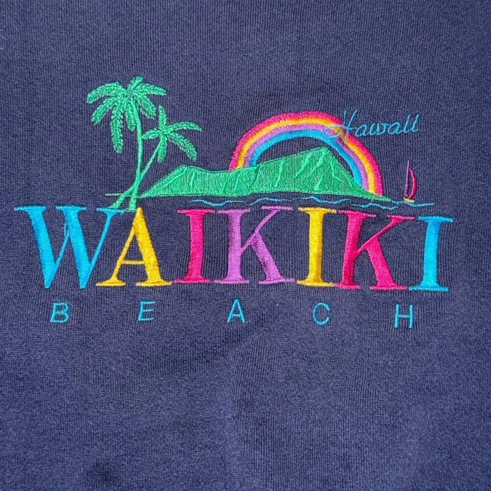 Vintage Tultex Waikiki Beach Hawaii Sweatshirt Navy Blue Embroidered 90s Large